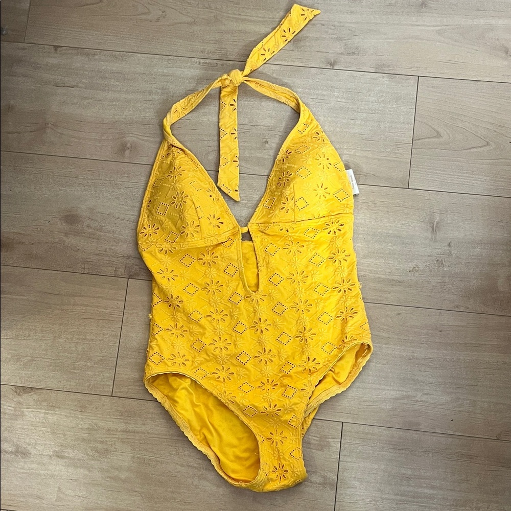 Kate Spade Yellow Halter Eyelet Swimsuit